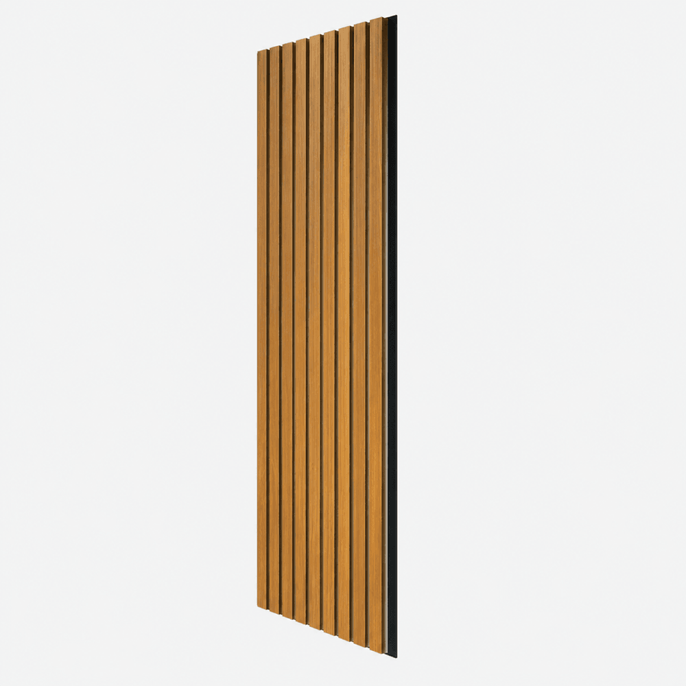 Oak-coloured Ecolite slatted decorative panel on a wall