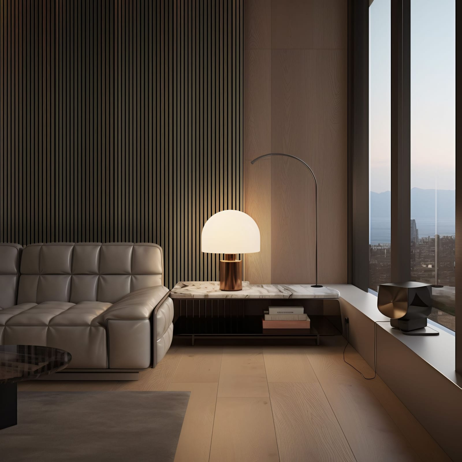 Walnut acoustic slat wall panel in a living room with mood lighting (reference photo)