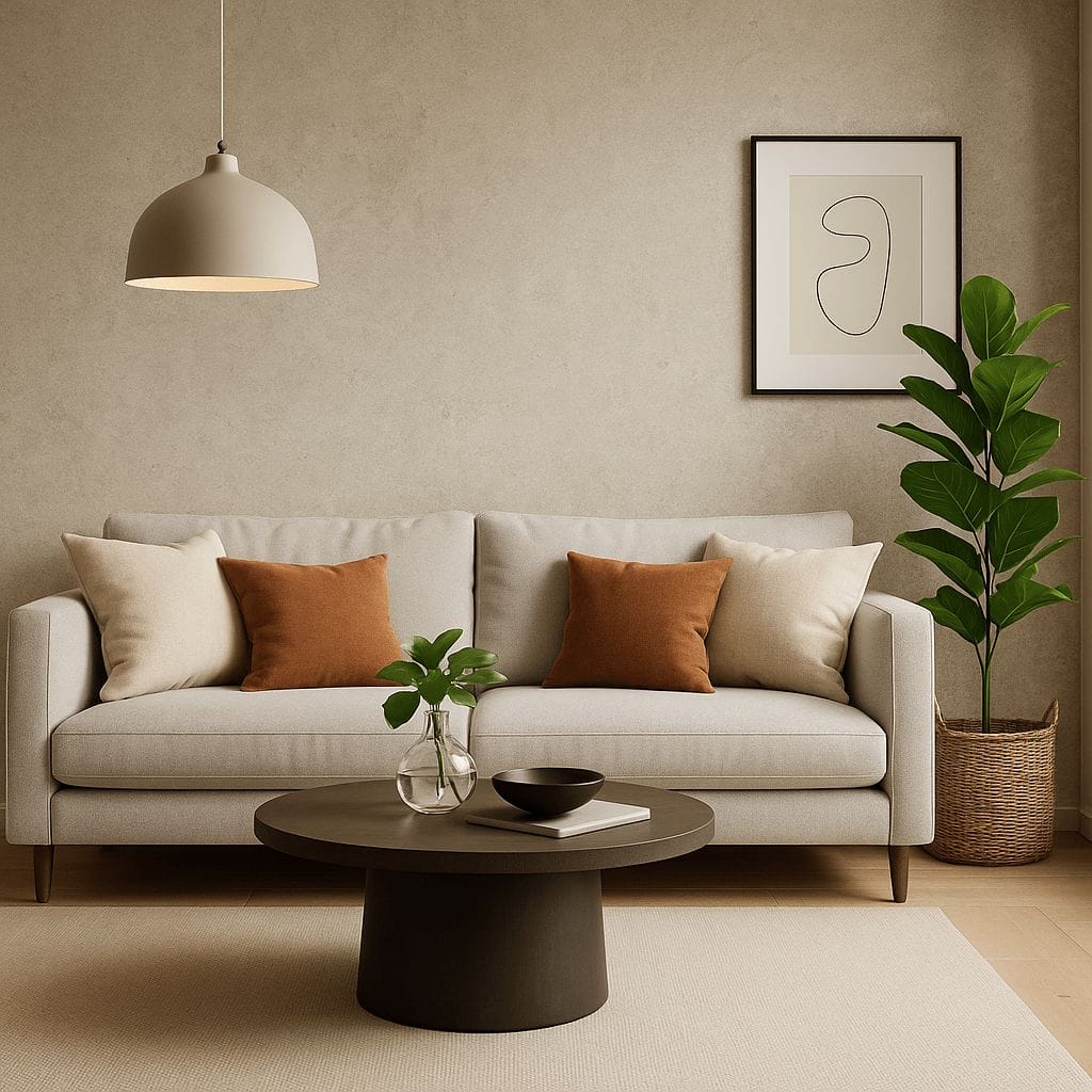 Limestone PVC wall panel on a living room wall, behind the sofa (reference photo)