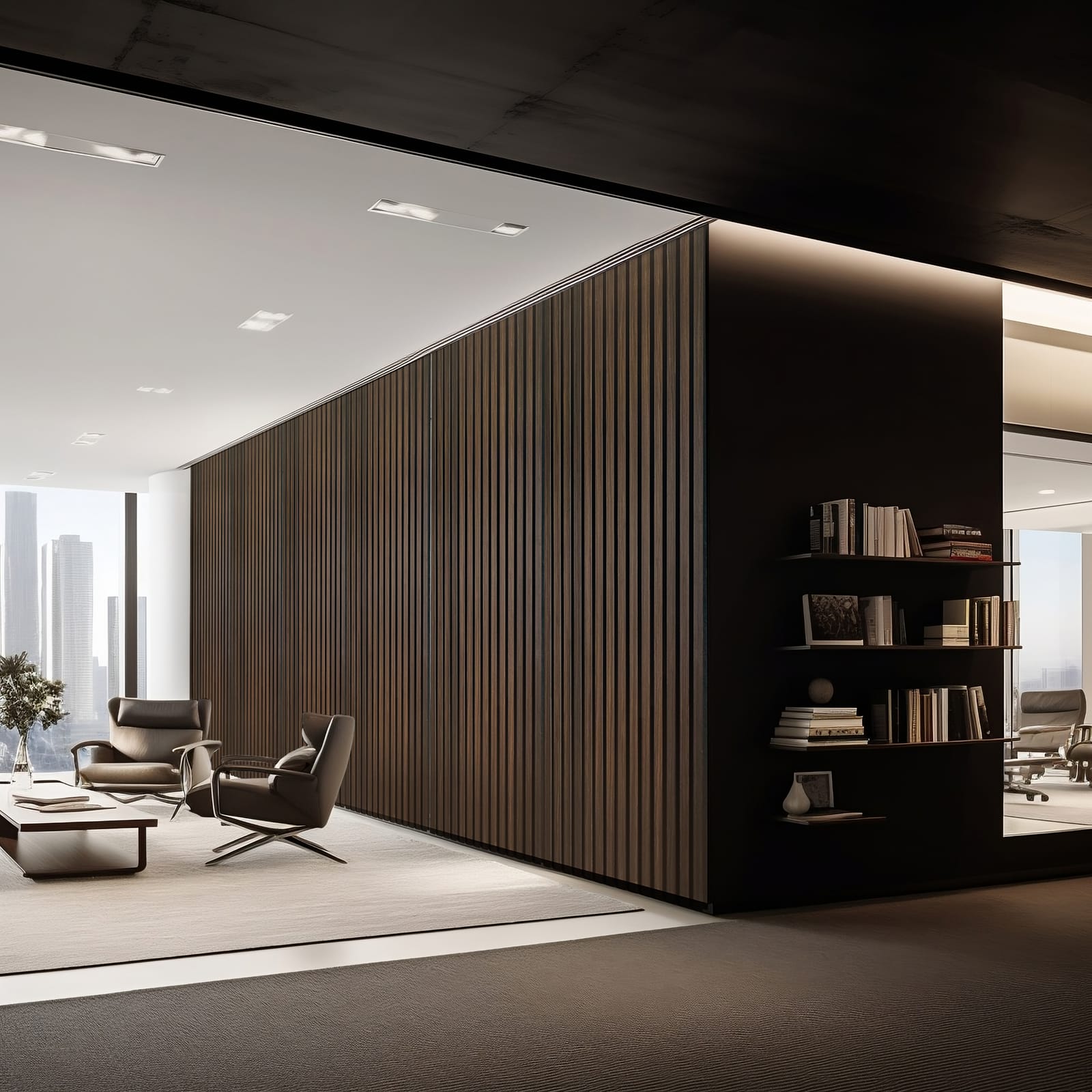 The mezzanine of the Woopla showroom with large material photographs