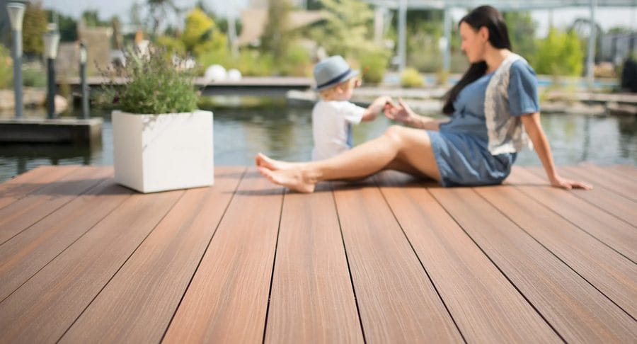 torroTIMBER Dolomit decking on a waterside sun terrace (reference photo)