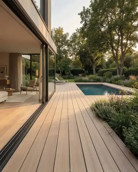 LIGNUM tan deck by a pool (manufacturer photo)
