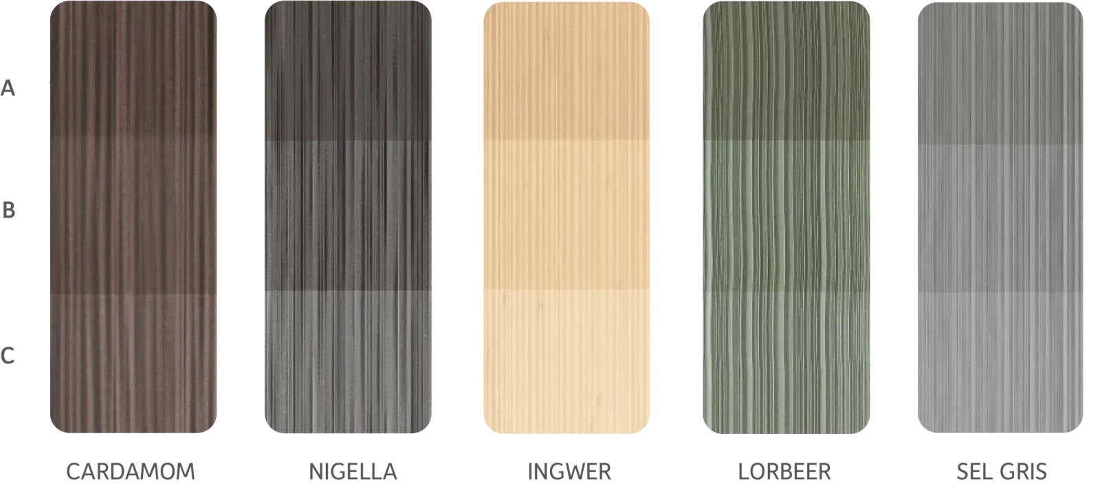 DYNUM colours: cardamom, nigella, ingwer, sel gris, lorbeer
