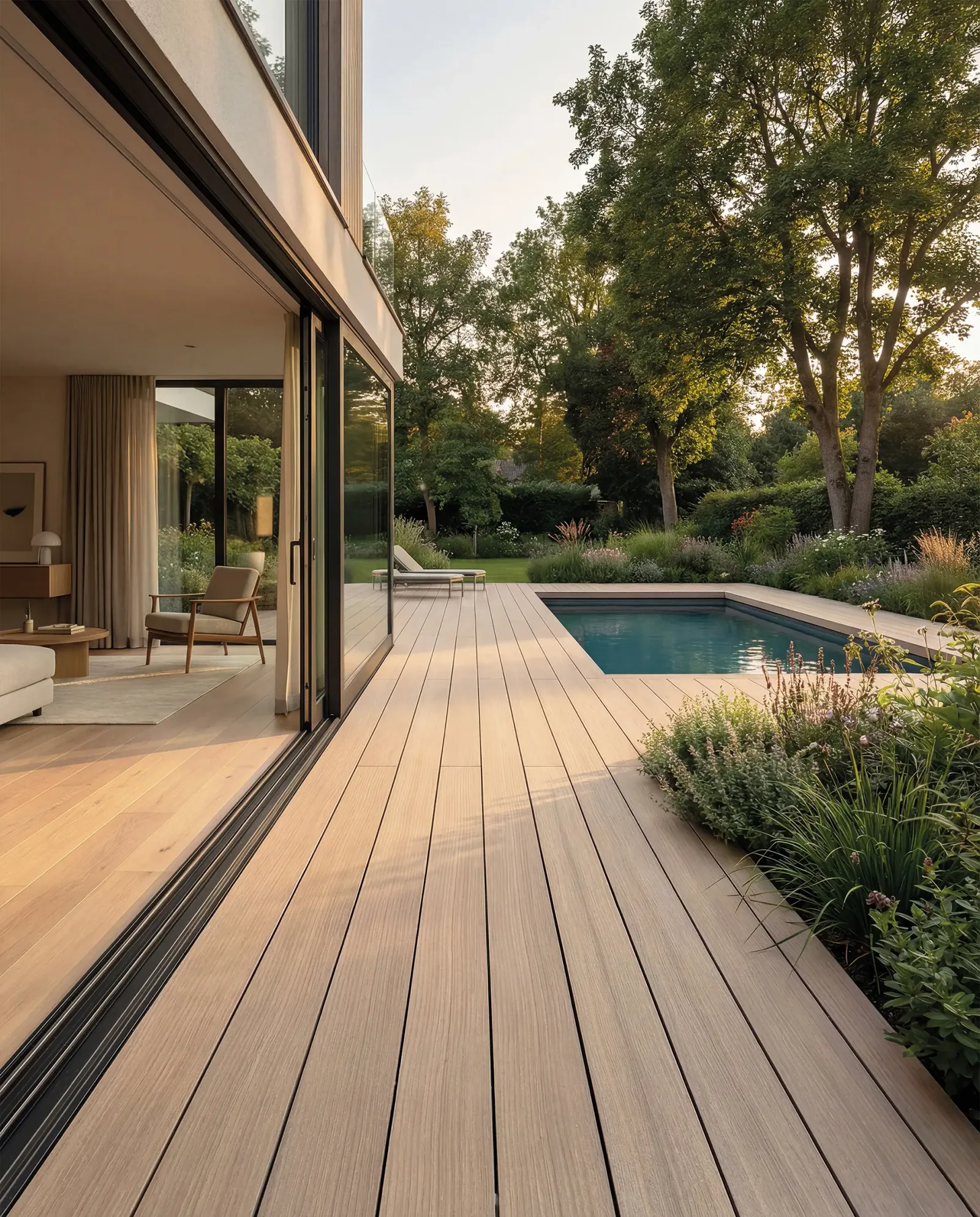 megawood LIGNUM tan decking beside a pool (manufacturer photo)